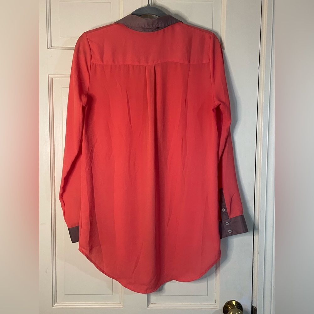 Free People Coral Silky Button Up Long Sleeve Shirt Brown Trim Oversized Small - Picture 4 of 7